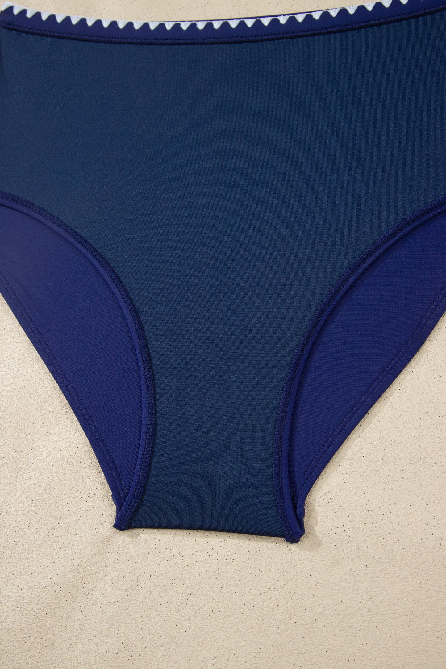 Navy Blue Shell Stitched Trim V Neck Textured Mix and Match High Waist Bikinis