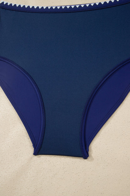 Navy Blue Shell Stitched Trim V Neck Textured Mix and Match High Waist Bikinis