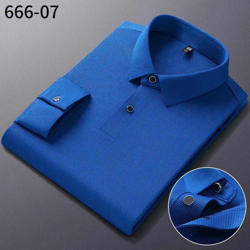 Personalized Seamless High Stretch Men's Polo Shirt Customized Long Sleeved Solid Color No Ironing High-end Vertical T-shirt