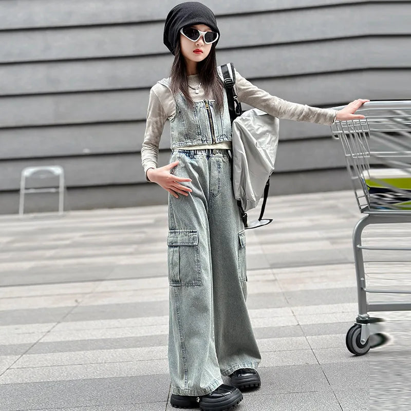 vetement enfant fille denim vest+top t shirt+cargo pants jeans three pcs kids girls clothes sets childer outfits clothing suit