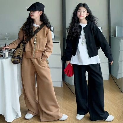 black khaki teen girls casual clothes set Zipper jacket+wide leg pants 2pcs junior kids suit child outfits vetement enfant fille