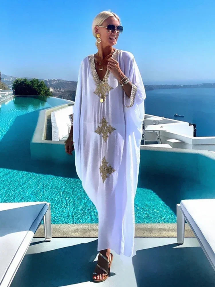 Cover-up Caftan Maxi Dress 2024 Robe De Plage Embroidery Beach Cover Up Women Kaftan Dress For Women Pareo Tunic For Swimwear