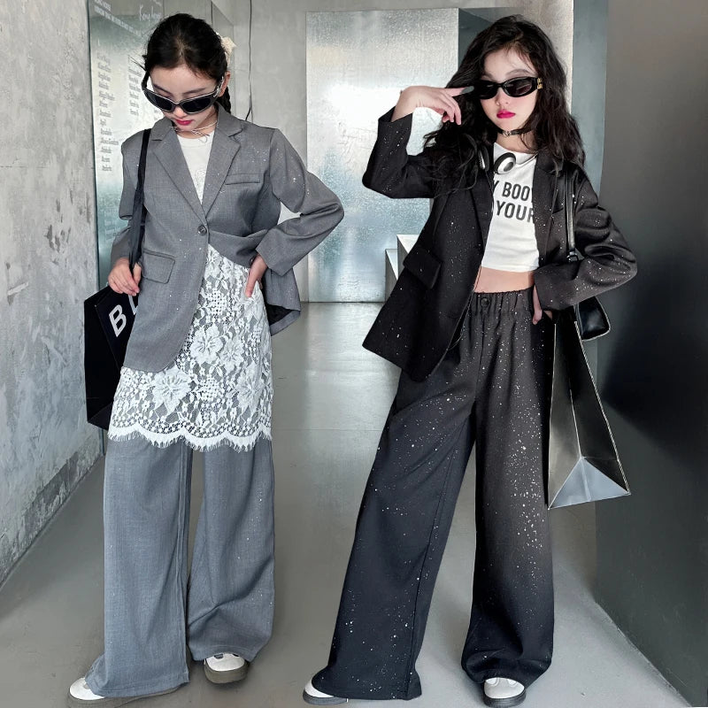 design teen girl shiny suit set black gray Blazer+Wide leg pants 2pc junior kid clothes sets child outftis vetement enfant fille