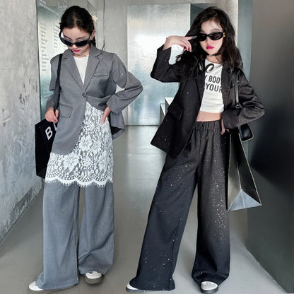 design teen girl shiny suit set black gray Blazer+Wide leg pants 2pc junior kid clothes sets child outftis vetement enfant fille