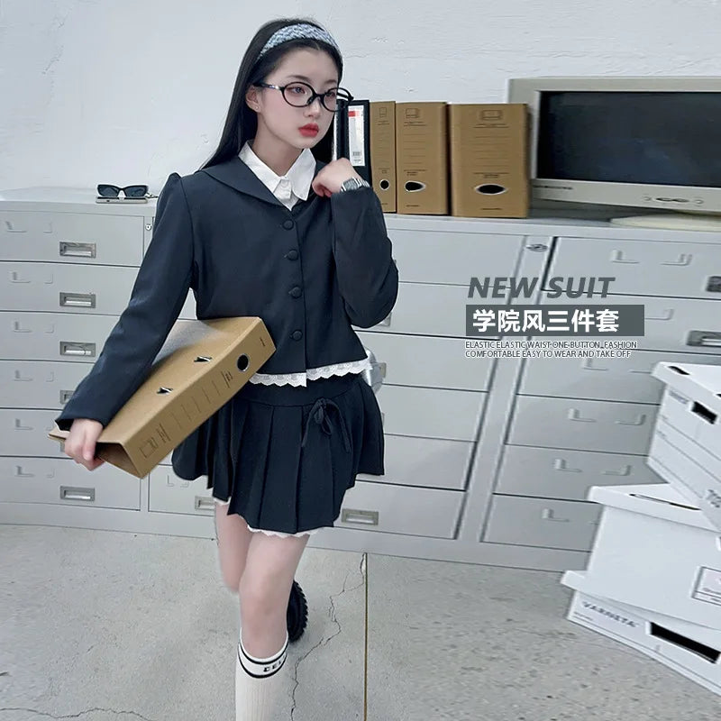 teen girls skirt set college style suit jacket+pleated skirt 2pcs junior kids clothes suit child outfits vetement enfant fille