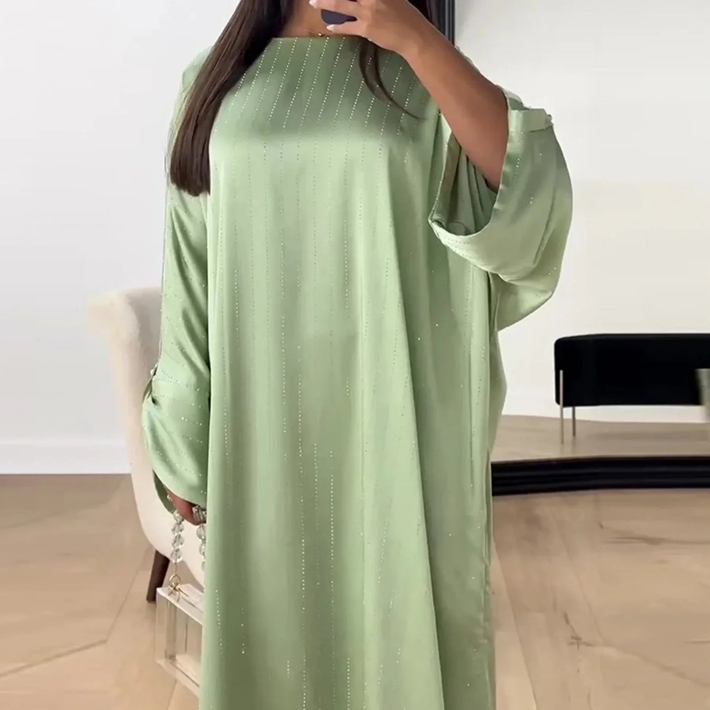 Dubai Spring/Summer Gathering Striped Dress, Women Simple O-neck Abaya Long Sleeve Dresses, Middle East Abaya Dress Islamic Robe