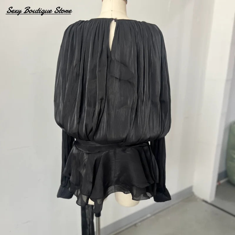 Elegant Lantern Sleeve Blouse Mini Dress With Short O Neck Low Waist Pleated Hem Robes Lace Up Party Vestidso 2025 Lady Clothing