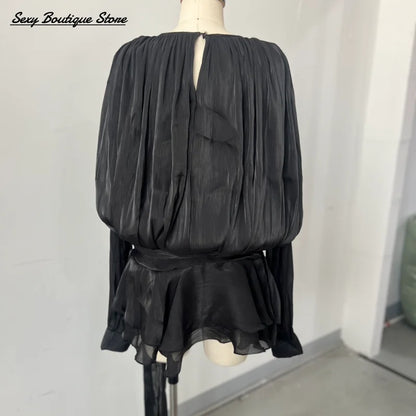 Elegant Lantern Sleeve Blouse Mini Dress With Short O Neck Low Waist Pleated Hem Robes Lace Up Party Vestidso 2025 Lady Clothing