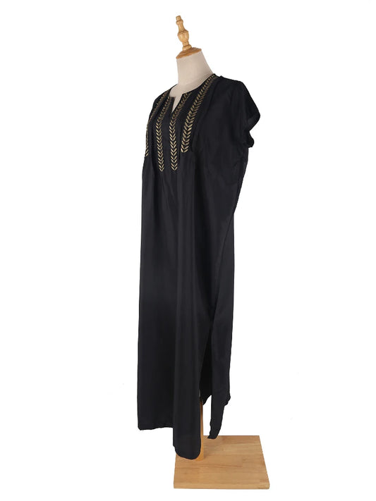 Black Beach Dresses Kaftans for Women Gold Embroideried Tunic Bikini Cover Up Short Sleeve Elegant Robe Bathing Suit Cover-ups
