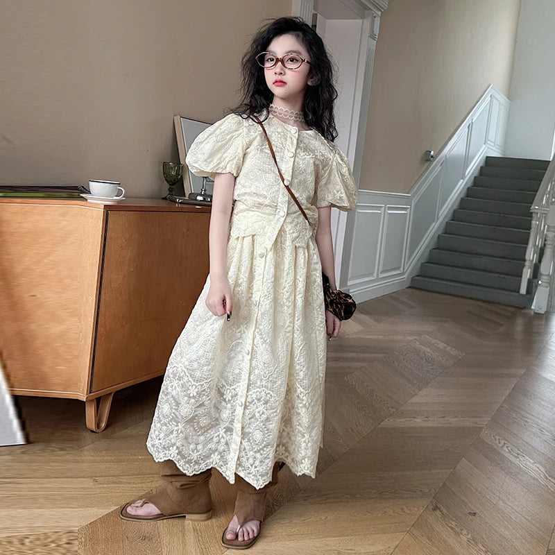 summer teen girl Embroidery dress set Bubble sleeve lace top+long skirt 2pcs junior kid suit child outfits vetement enfant fille