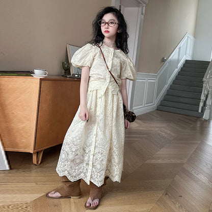 summer teen girl Embroidery dress set Bubble sleeve lace top+long skirt 2pcs junior kid suit child outfits vetement enfant fille