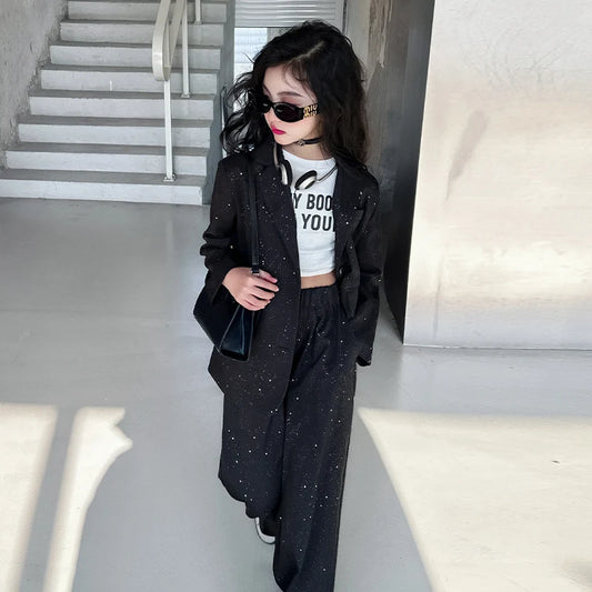 design teen girl shiny suit set black gray Blazer+Wide leg pants 2pc junior kid clothes sets child outftis vetement enfant fille