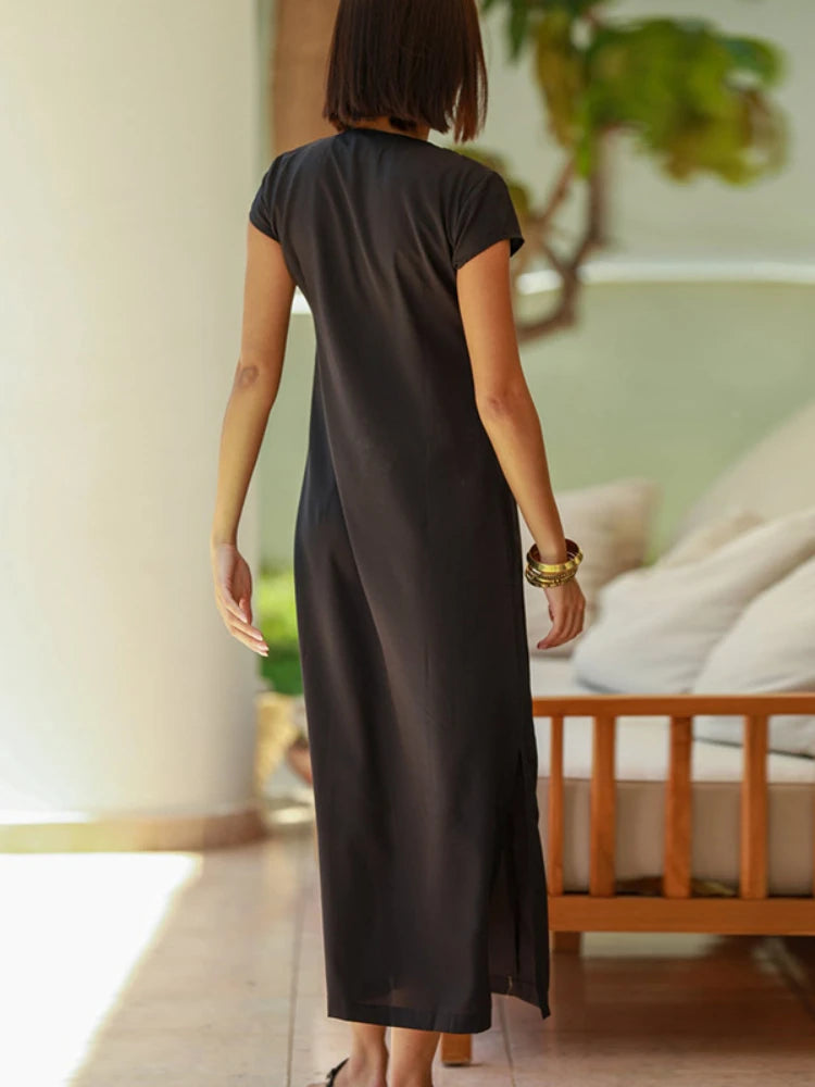 Black Beach Dresses Kaftans for Women Gold Embroideried Tunic Bikini Cover Up Short Sleeve Elegant Robe Bathing Suit Cover-ups