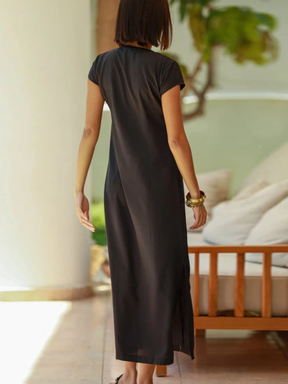 Black Beach Dresses Kaftans for Women Gold Embroideried Tunic Bikini Cover Up Short Sleeve Elegant Robe Bathing Suit Cover-ups