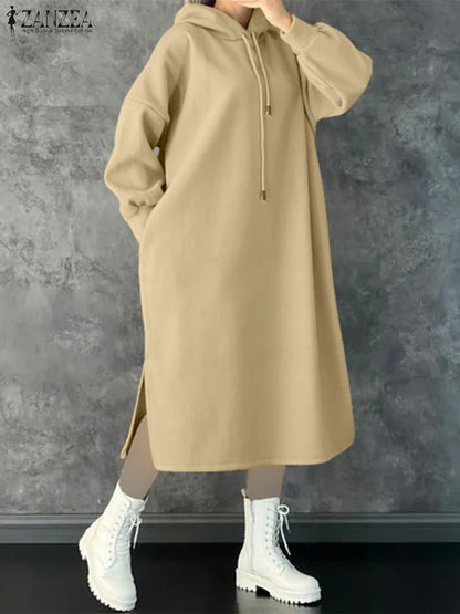 Plus Size 5XL ZANZEA Fashion Sweatshirt Dresses Women Long Sleeve Hooded Robe Autumn Solid Casual Loose Pockets Long Vestidos