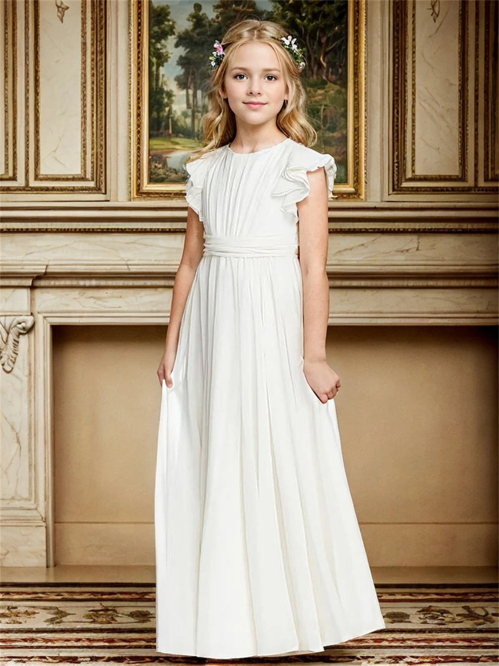 Hot Sale Flower Girl Dress Ruffles Sleeves Quinceanera Dresses Bridesmaid Dress Ruched Chiffon Sash robe de petite fille mariage