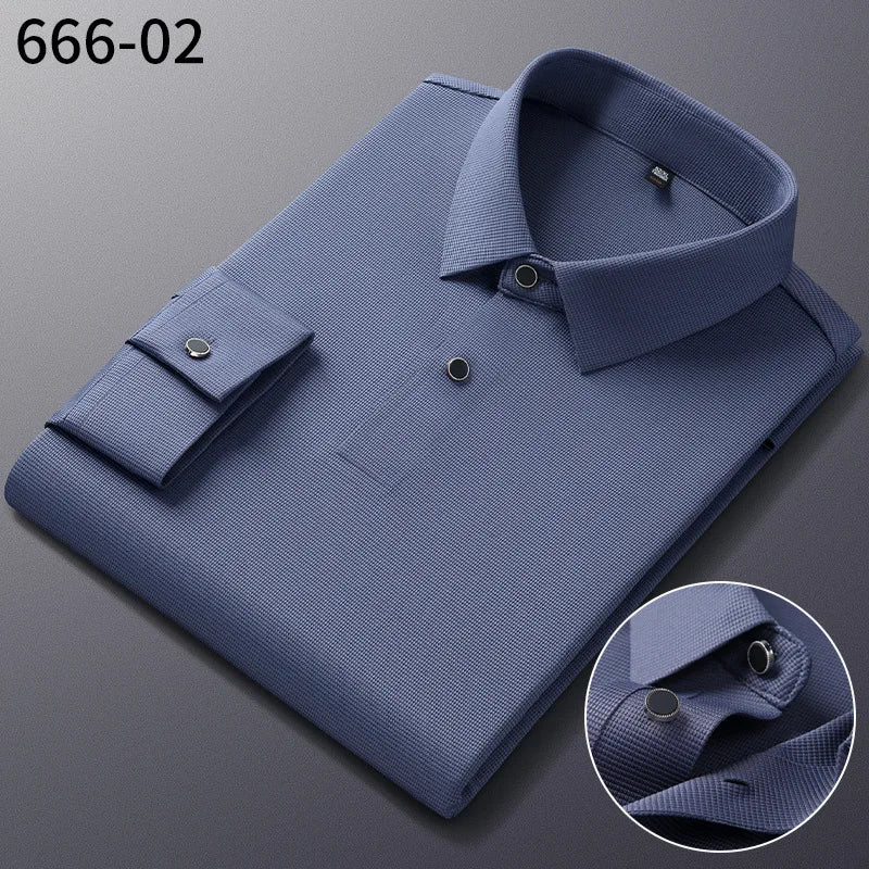 Personalized Seamless High Stretch Men's Polo Shirt Customized Long Sleeved Solid Color No Ironing High-end Vertical T-shirt