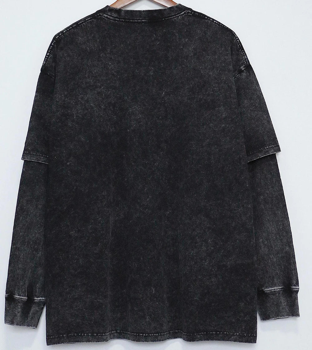 Long Sleeve Fake 2pc T-Shirt Retro Washed Street Style Dark Gray Crew Neck Pullover Tops Men's Spring Autumn Loose Fit Clothing