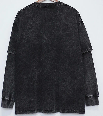 Long Sleeve Fake 2pc T-Shirt Retro Washed Street Style Dark Gray Crew Neck Pullover Tops Men's Spring Autumn Loose Fit Clothing