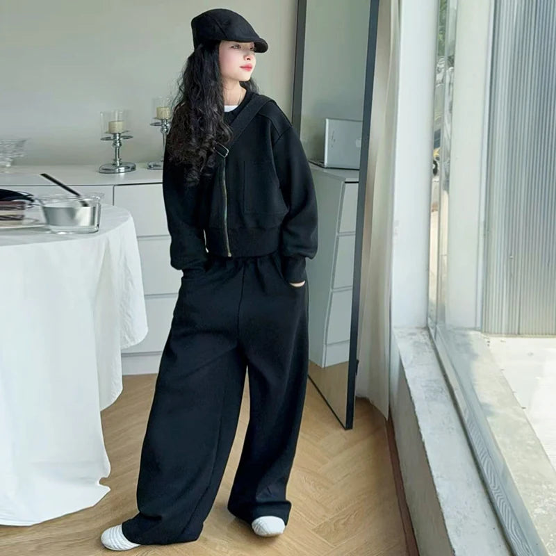 black khaki teen girls casual clothes set Zipper jacket+wide leg pants 2pcs junior kids suit child outfits vetement enfant fille