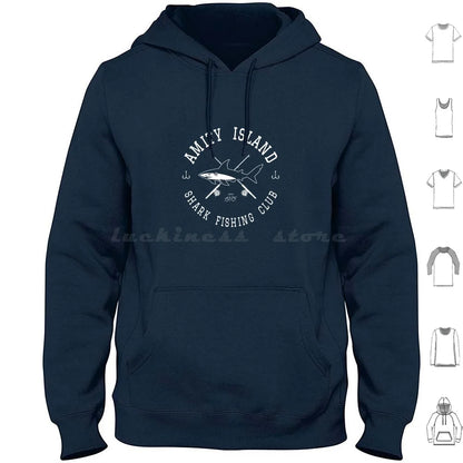 Amity Island Shark Fishing Club White Hoodies Long Sleeve Sharks Shark Week Jaws Parody Teeth Attack Bite Quint Brody