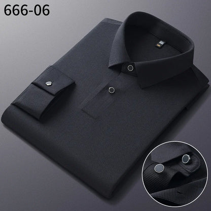 Personalized Seamless High Stretch Men's Polo Shirt Customized Long Sleeved Solid Color No Ironing High-end Vertical T-shirt