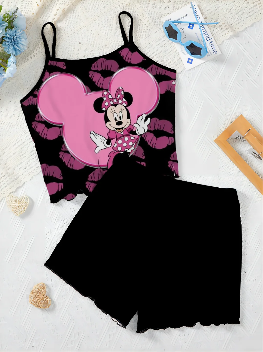 Ensemble T-shirt et Jupe de Pyjama Élégants pour Femme, Garniture en Laitue, Robe à Glisser, Haut Disney, Minnie Mouse, Pièces C