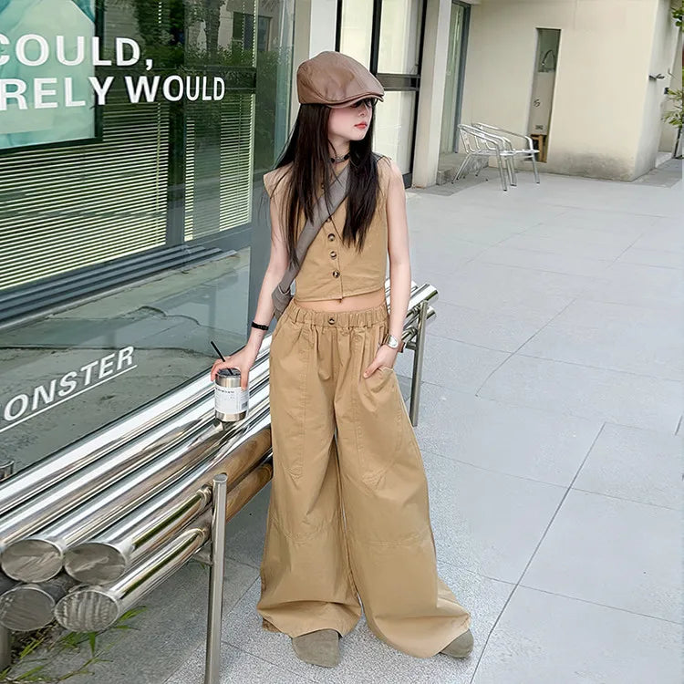 summer teen girl khaki casual clothes suit sleeveless vest top+wide leg 2pcs junior kid suit child outfits vetement enfant fille