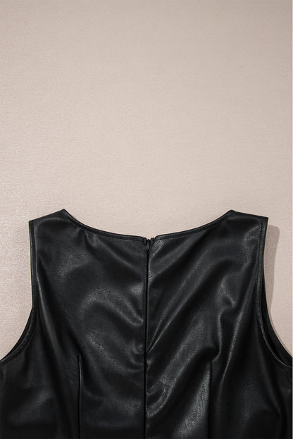 Black Faux Leather Sleeveless Round Neck Mini Dress