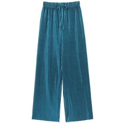 Women Fashion Summer Wide Leg Pants Pleated Ice Silk Trousers Elastic Waist Loose Casual Pants