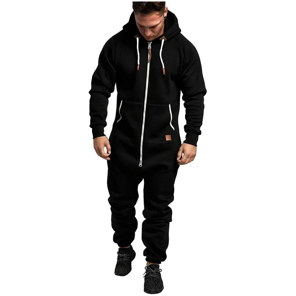 Mens Onesie Jumpsuit Long Sleeve Fleece Sweatpants Pure Color Splicing 2025 Autumn and Winter Casual Hoodie Male Zipper Jumpsuit