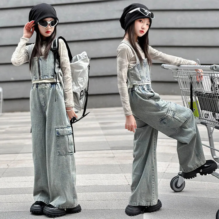 vetement enfant fille denim vest+top t shirt+cargo pants jeans three pcs kids girls clothes sets childer outfits clothing suit
