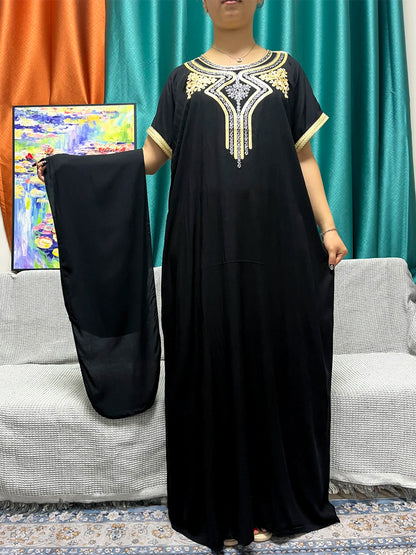 Abayas For Women 2024 Dubai New Pure Cotton Appliques Summer Loose Femme Robe Muslim Afreican Islam Dresses With Turban Hijabs