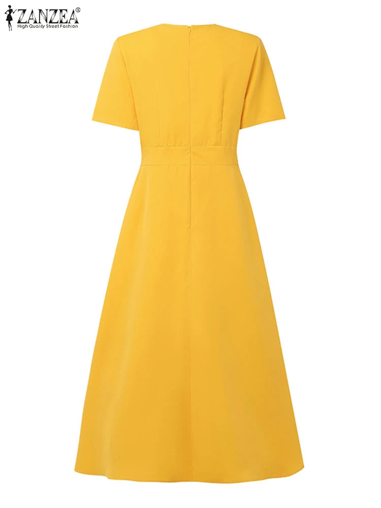 ZANZEA Plus Size Dresses Elegant Party Women Summer Short Sleeve Solid Sundress Waisted Evening Long Vestidos Casual Robe 5XL