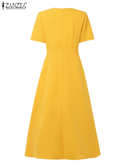 ZANZEA Plus Size Dresses Elegant Party Women Summer Short Sleeve Solid Sundress Waisted Evening Long Vestidos Casual Robe 5XL