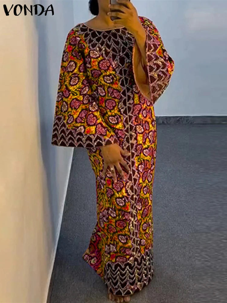 Plus Size VONDA Bohemian Dress 2025 Elegant Women Printing Sundress Vintage Flare Long Sleeve Maxi Vestidos O-Neck Robe Summer