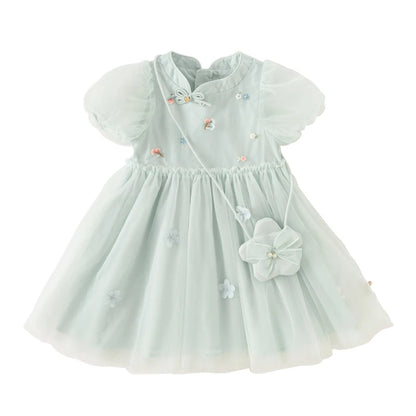 Dave Bella Girl's Princess Dress 2024 New Summer Children's Baby Short Sleeves Mesh Cute Sweet Charm Fashion Casual DB2241022