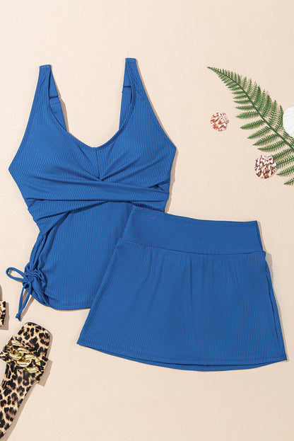 Black Ribbed Knit Crossed Detail Tank Skort 2pcs Swimsuit