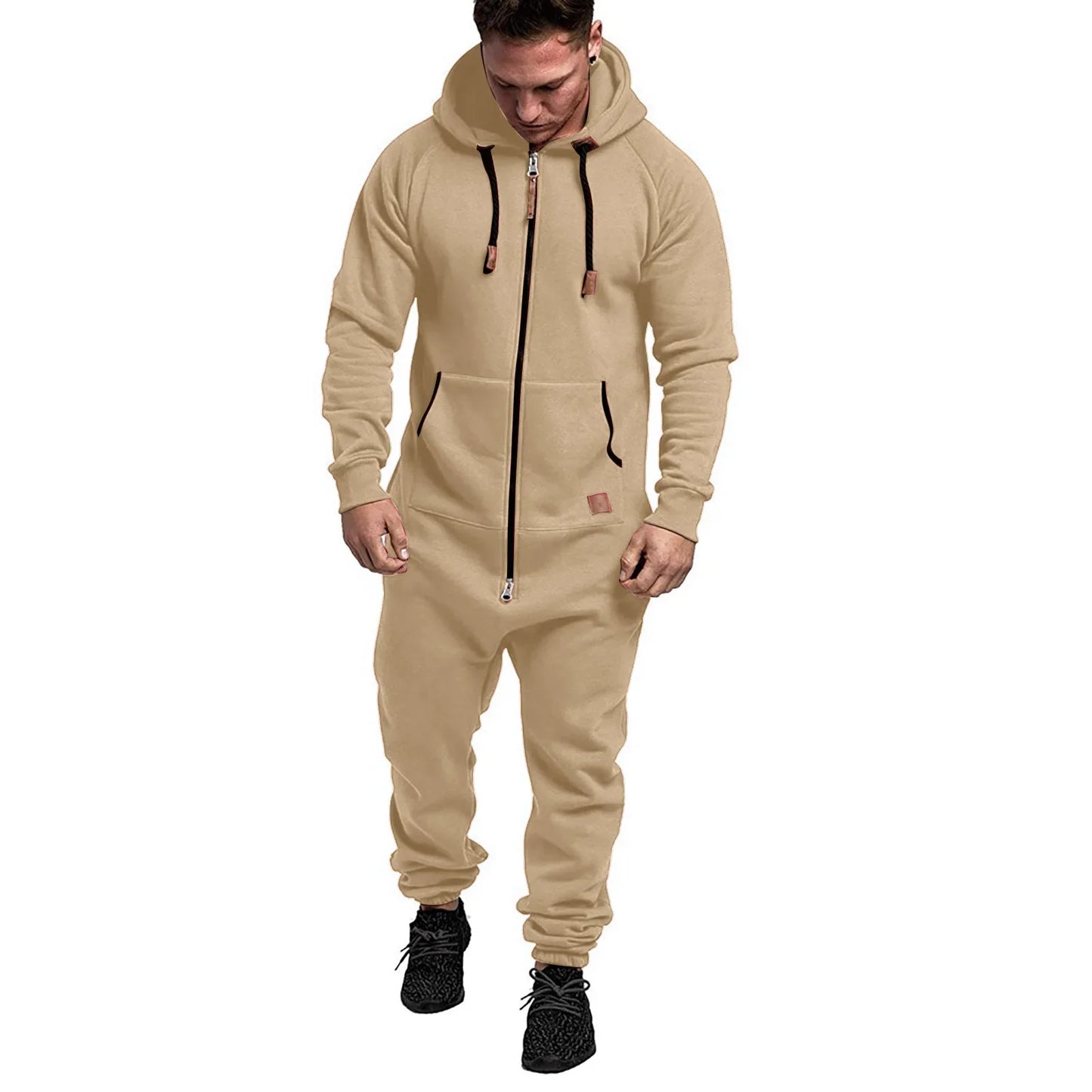 Mens Onesie Jumpsuit Long Sleeve Fleece Sweatpants Pure Color Splicing 2025 Autumn and Winter Casual Hoodie Male Zipper Jumpsuit