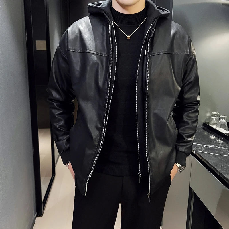 Double-layer Thicken Warm PU Jacket Top Men Loose Windproof Waterproof Hooded Outerwear Spring Fall Male Motorcycle Leather Coat