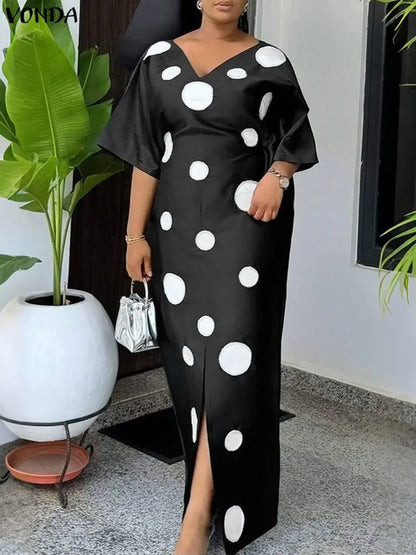 Plus Size 5XL Women Bohemian Long Dress Dot Printed Sundress 2025 VONDA Fashion Half Sleeve Robe Casual Loose Party Vestidos