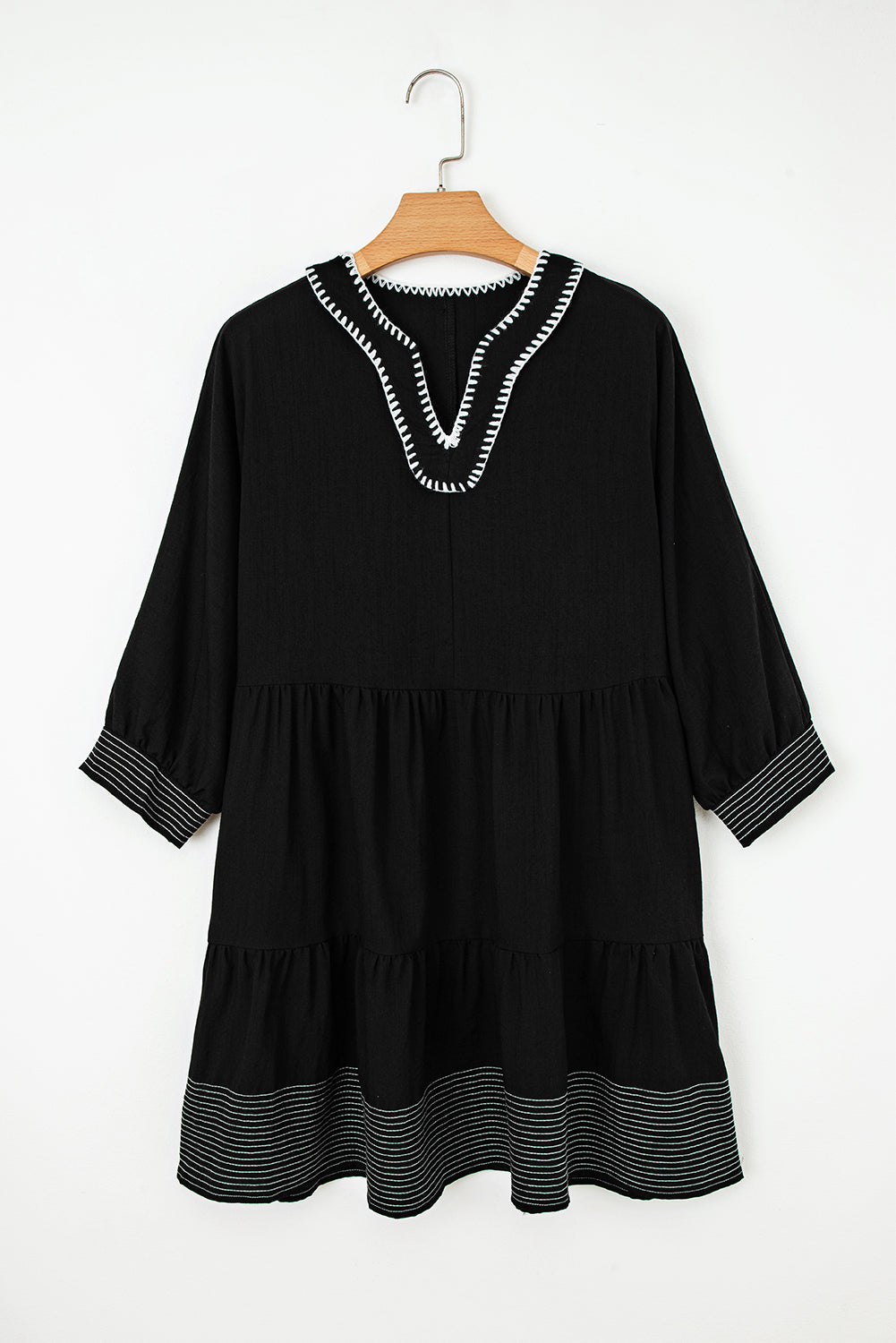 Jungle Green Contrast Stitched V Neck 3/4 Sleeve Swing Mini Dress