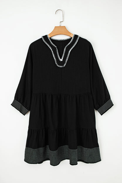 Jungle Green Contrast Stitched V Neck 3/4 Sleeve Swing Mini Dress