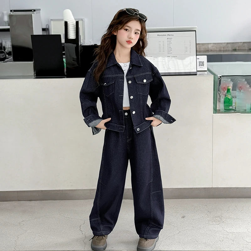 teen girls cowboy clothes set Design denim jacket+Wide leg jeans 2pcs junior kids pants suit child outfits vetement enfant fille