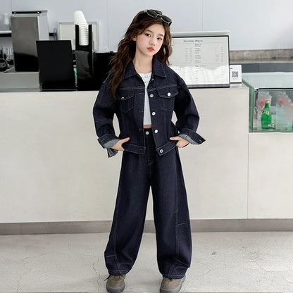 teen girls cowboy clothes set Design denim jacket+Wide leg jeans 2pcs junior kids pants suit child outfits vetement enfant fille