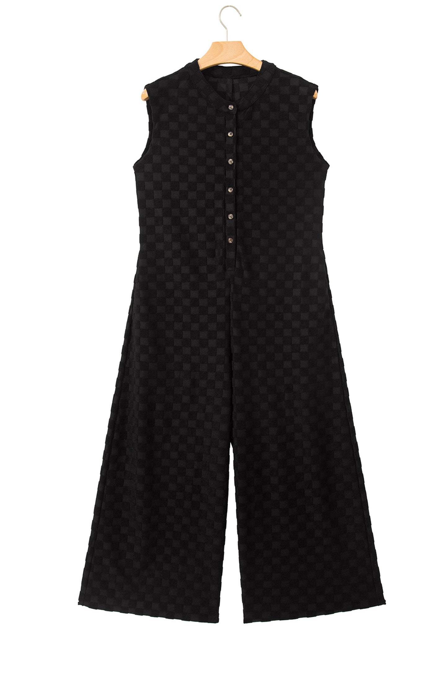 Black Half Buttons Sleeveless Wide Leg Textured Jumpsuit