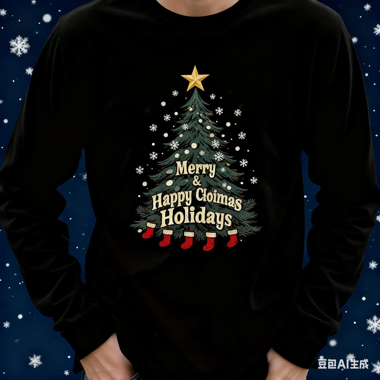 Santa Claus Pattern Men's Long Sleeve T-shirt Funny Christmas Tree Print Loose Tops Autumn Fashion X'mas Tees New Year Clothing