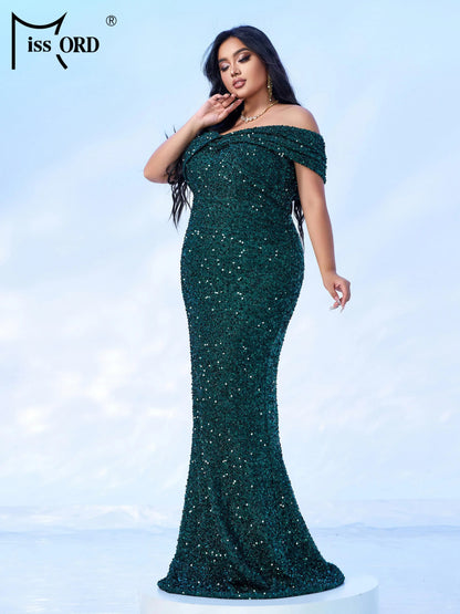 Missord Grey Sequin Plus Size Evening Dress Elegant Women Off Shoulder Bodycon Maxi Mermaid Party Prom Dresses Long Formal Gown