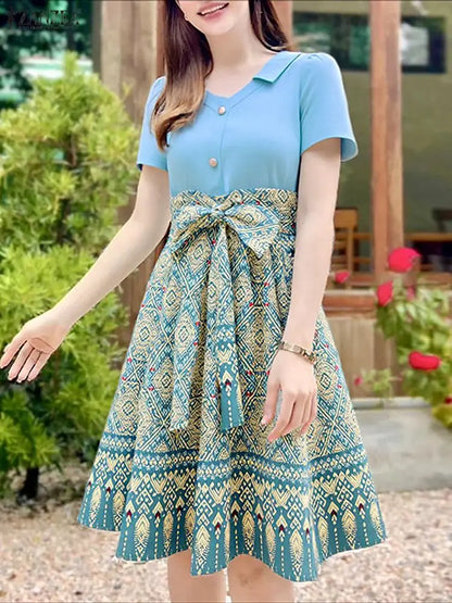 ZANZEA Elegant Bow Dresses Women Summer Printing Bohemian Sundress 2025 Fashion Short Sleeve A-Line Casual Loose Party Robe