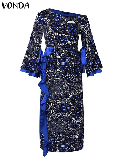 Plus Size 5XL VONDA 2025 Summer Off Sholuder Maxi Dress Women Bohemian Ruffled Printed Vestidos Fashion Casual Floor-Length Robe